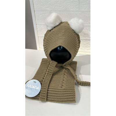 Gorro, Bufanda y Manoplas Doble Lin 2 Pompones Tostado Juliana J8218
