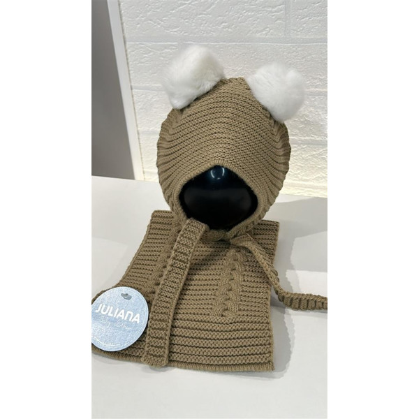 Gorro, Bufanda y Manoplas Doble Lin 2 Pompones Tostado Juliana J8218