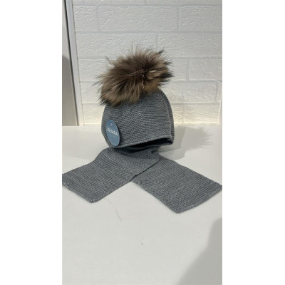 Bufanda con Gorro Unido Pompon Pelo Gris J8220