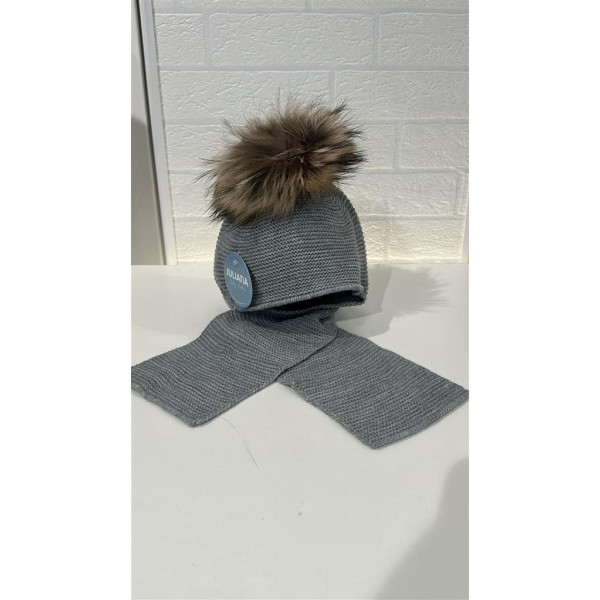 Bufanda con Gorro Unido Pompon Pelo Gris J8220