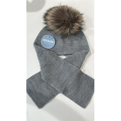 Bufanda con Gorro Unido Pompon Pelo Gris J8220