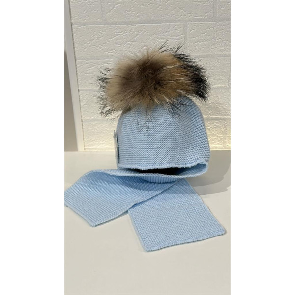 Bufanda con Gorro Unido Pompon Pelo Celeste J8220