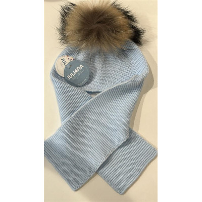 Bufanda con Gorro Unido Pompon Pelo Celeste J8220