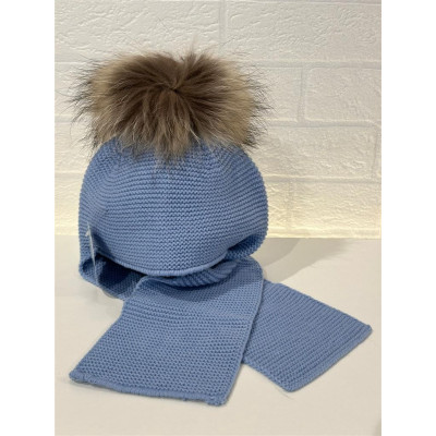 Bufanda con Gorro Unido Pompon Pelo Cielo J8220