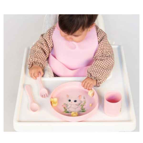 Vajilla Rosa De Silicona Para Bebé Con Ventosa