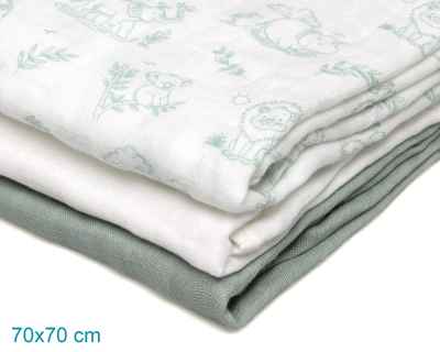 Set de 3 muselinas verde, blanco y estampado selva 70x70cm