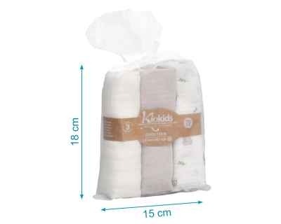 Set de 3 muselinas gris, blanco y estampado ratoncitos 70x70cm