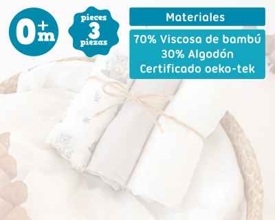 Set de 3 muselinas gris, blanco y estampado bosque 70x70cm