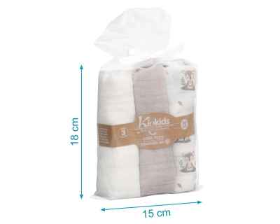 Set de 3 muselinas gris, blanco y estampado bosque 70x70cm