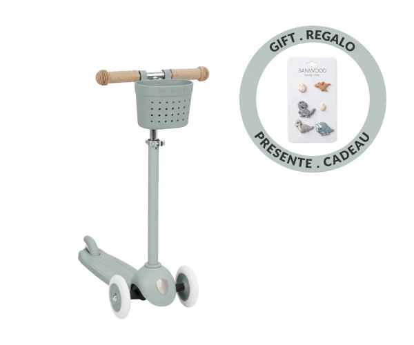 Patinete Banwood Eco Scooter + Cesta Pin & Ride Clay + Pines Dinosaurios