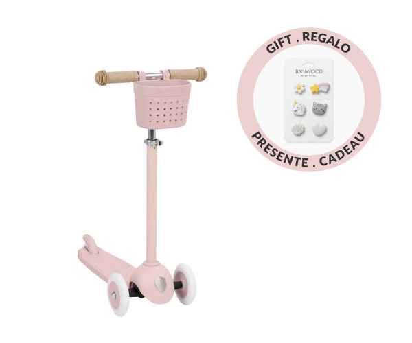 Patinete Banwood Eco Scooter + Cesta Pin & Ride Faded Pink + Pines Magia
