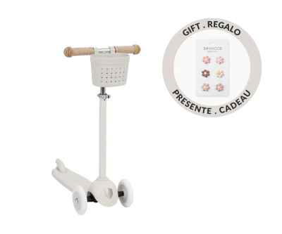 Patinete Banwood Eco Scooter + Cesta Pin & Ride Faded Ivory+ Pines Flores