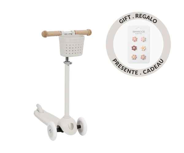 Patinete Banwood Eco Scooter + Cesta Pin & Ride Faded Ivory+ Pines Flores