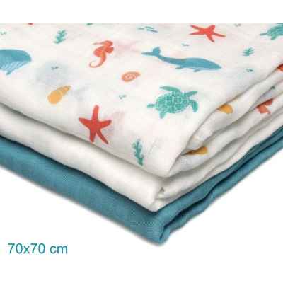 Set de 3 muselinas azul, blanco y estampado marino 70x70cm