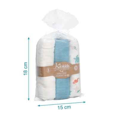 Set de 3 muselinas azul, blanco y estampado marino 70x70cm