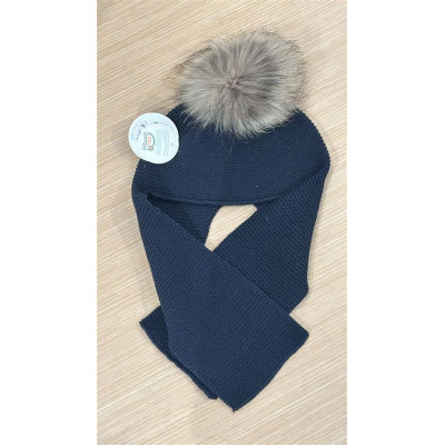 Bufanda con Gorro Unido Pompon Pelo Marino J8220