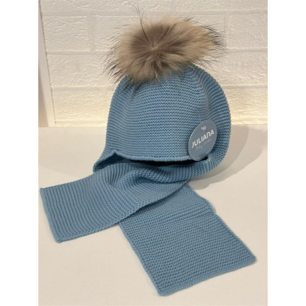 Bufanda con Gorro Unido Pompon Pelo Azul Nube J8220