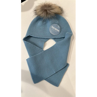 Bufanda con Gorro Unido Pompon Pelo Azul Nube J8220