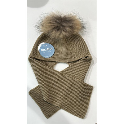 Bufanda con Gorro Unido Pompon Pelo Tostado J8220
