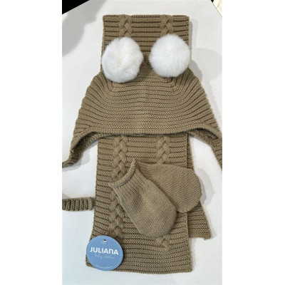 Gorro, Bufanda y Manoplas Doble Lin 2 Pompones Tostado Juliana J8218