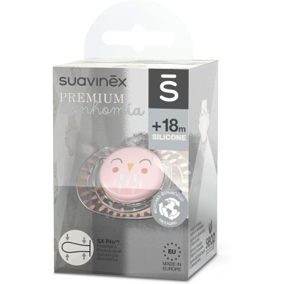 Chupete Suavinex Bonhomia Silicona +18M Buho Rosa
